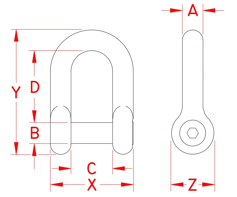 Stainless Steel straight D Shackle with No Snag Pin, S0115-NS06, S0115-NS08, S0115-NS10, S0115-NS12, S0115-NS13, S0115-NS16, S0115-NS20, S0115-NS22, S0115-NS25, Line Drawing